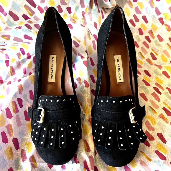 Tabitha Simmons – Ethel Kiltie Studded Suede Block Heel Pumps (7) - Picture 1 of 9